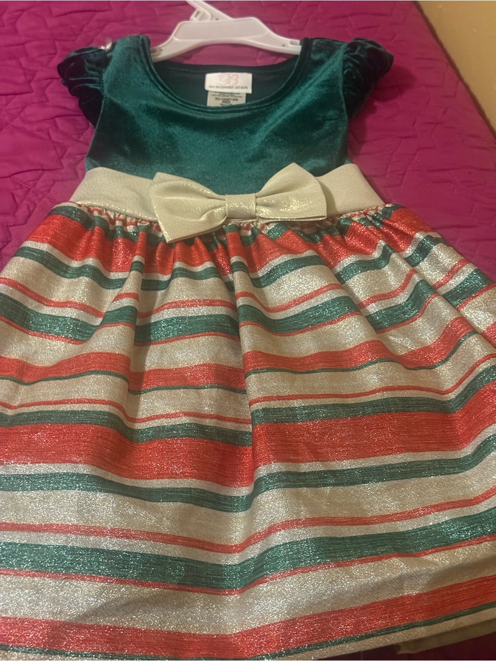 Bonnie Jean Green Velvet Top with Red and Metallic Stripe Skirt